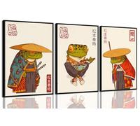 3Pcs Vintage Japanese Frog Wall Art Cute Funny Japanese Samurai Frog Posters Prints Japanese Matsumoto Hoji Painting Pictures Eclectic Animal Canvas Wall Decor Unframed (green, 12x16 Unframed)