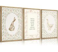 3Pcs Vintage Nursery Wall Art Silly Goose And Bunny Wall Decor Baby Kids Prints Cute Animal Rabbit Goose Pictures Sweet Floral Painting for Girls Boys Room Bedroom Playroom Unframed 16x24inch