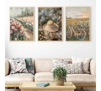 3pcs Vintage Pink Bicycle, Straw Hat Floral Country House Wall Art Decor, Landscape With Antique Bicycle Prints Decor 70x100cmx3 Frameless