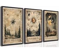 3Pcs Vintage Tarot Canvas Wall Art Retro Astrology Mystical Sky Celestial Paintings Pictures Wall Decor Poster Print Artwork for Bedroom Dorm Apartment Home Decoration Unframed 20x30inch
