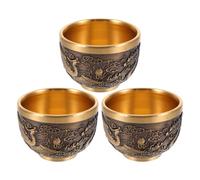 3pcs Vintage Tea Cup 2.5 Oz Embossed Dragon Phoenix Oriental Design | Golden Bowl Shape, Polished Interior, Smooth Edges, Tarnish Resistant Finish, Gift Box Included, for Tasting, Brewing