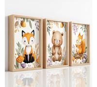 3Pcs Wall Art Canvas Prints - Fairytale Watercolour with Animal Forest Mushroom Botanical Fox Squirrel Bear Picture Painting - Artwork Unframed for Bedroom Teens Playroom Dorm Decor - 29.7 x 42 cm