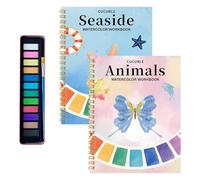 3Pcs Watercolour Colouring Set, 2 Spiral-Bound Paper Workbooks & 12-Color Paint, Ideal for Adult Beginners, Watercolor Arts Crafts Gifts, Relaxation and Creativity (Butterfly & Starfish)