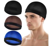 3Pcs Wave Cap Silky Elastic Band Caps Soft Breathable Hair Wrap Satin Sleeping Shower Cap Hair Bonnet for Sleep Unisex Beanie Cap Beanies Hat for Men Women Athletes, Black, Royal Blue, Brown, 0-1