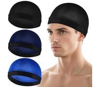 3Pcs Wave Cap Silky Elastic Band Caps Soft Breathable Hair Wrap Satin Sleeping Shower Cap Hair Bonnet for Sleep Unisex Beanie Cap Beanies Hat for Men Women Athletes, Black, Royal Blue, Navy Blue, 0-1