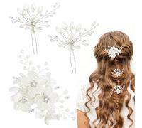 3Pcs Wedding Floral Hair Clips and Pin Set for Women, Wedding Headpiece White Flower Hair Clips for Bride Hair Accessories with Pearl Accents for Weddings & Formal Events, Headpiece Jewelry White