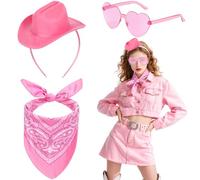 3Pcs Western Cowgirl Hat Headband Set for Women, Pink Cowgirl Accessories Kit with Hat Headband Paisley Bandana and Glasses for Halloween Carnival Bachelor Party Dress up