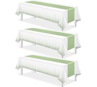3Pcs White and Sage Green Tablecloth Decorations,Plastic White Table Cloth Printed Green Table Runner Disposable Rectangle Tables Cover for Birthday Wedding Anniversary Graduation Party,54 x108 Inch