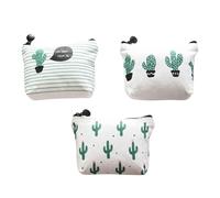 3pcs White Canvas Cactus Coin Pouch with Zipper | Cute Printed Pattern, Travel Carry and Office Use, Fits Coins and USB Flash Drives