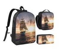 3PCS White Sailing Ship at Sunset Backpack Set with Insulated Lunch Box Pencil Pouch, 17inch Lightweight Laptop Bags Shoulder Lunch Bag and Pencil Case Bag 3-in-1 Set