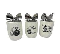 3pcs White Tea, Sugar & Coffee Canister Jar Set with Design Print Silver Bow Lid Sparkling Ceramic Diamante Storage Jars - 15x11cm Best For Kitchen Decortion