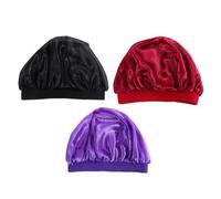 3pcs Wide Brim Elastic Sleeping Hat Shower Cap Set | Imitation Silk Polyester, Breathable Wide Band Design, Protects Pillowcase, Purple Black Burgundy Three-piece Set