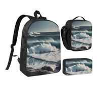 3PCS Wild Seas Backpack Set with Insulated Lunch Box Pencil Pouch, 17inch Lightweight Laptop Bags Shoulder Lunch Bag and Pencil Case Bag 3-in-1 Set