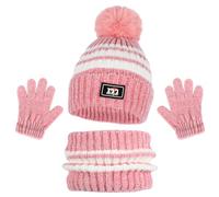 3Pcs Winter Hats Gloves and Scarf Sets for Kids, Thermal Knit Crochet Thick Fluffy Toddler Cap Pom Bobble Hat Neck Warmer Girls Hat Scarf and Gloves Set for 2-10 Years Old Boys Girls (Pink)
