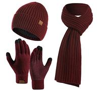 3PCS Winter Unisex Hat Scarf Gloves Set Warm Knit Beanie Hat Touchscreen Gloves Long Scarf Outfit for Men and Women (Burgundy)
