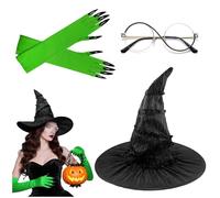 3Pcs Witch Costume, Halloween Witch Costume Accessories Set Include Hat Glasses Green Claw Gloves Halloween Costumes for Women Wicked Costumes Wizard Cosplay for Party Dress Up