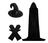 3PCS Witch Costume - with Black Long Gloves, Black Velour Witch Hat and Cloak Adult(1.3M Cloak), Witch Halloween Costume Adult Women for Halloween Party/Fancy-Dress Ball, nature
