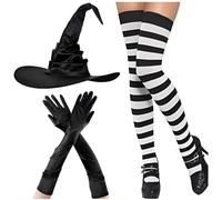 3PCS Witch Hat Gloves Stockings Sets Costume Accessory Kits Adult Women Black Folds Wizard Hat Magic Cap Headwear Fancy Dress Outfit Accessories for Halloween Cosplay Party Carnival Masquerade Cosplay