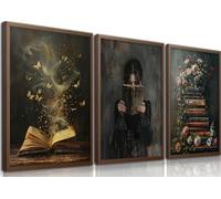 3Pcs Woman Reading Canvs Wall Art Victorian Vintage Florals Book Wall Decor Paintings Pictures Black College Style Mysterious Butterfly Book for Living Room Bedroom Unframed 12x18inch