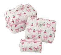 3pcs Women Cotton Quilted Makeup Bag Set Travel Toiletry Bag (Cherry Big Bow)