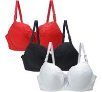 3Pcs Women's Lace Push Up Bras, Floral Lace Non Padded Full Coverage Minimizer Bra Everyday Bras Push Up Underwear Support Comfortable Bralette Lounge Lingerie Breathable with Adjustable Straps