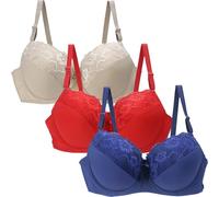 3Pcs Women's Lace Push Up Bras, Floral Lace Non Padded Full Coverage Minimizer Bra Everyday Bras Push Up Underwear Support Comfortable Bralette Lounge Lingerie Breathable with Adjustable Straps