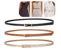 3Pcs Women's Skinny Leather Belts Set with Adjustable Metal Buckle - Classic Black, Brown, Beige Slim Thin Waist Belt for Jeans, Trousers, Dresses, Suits, Floral & White Button-Down Outfits