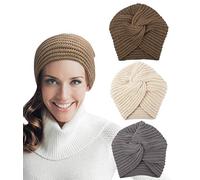 3pcs Womens Winter Hats, Beanie Hat for Women, Knit Hat Slouchy Beanies Wool Hat, Warm Turban Hat Thick Chemo Caps for Cancer Patient, White Gray Brown, Buff, Grey, Coffee, One Size