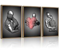 3Pcs Wood Framed 3D Couple Wall Art Poster Modern Decoration Prints Love Images Reusable Gallery Artwork Black and White Metal Style Romantic Hanging Painting Suitable 12x16 inch