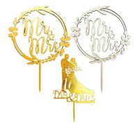 3pcs Wooden & Acrylic Cake Toppers - Suitable for Couple Engagement, Wedding & Anniversary (Gold, Log Color)