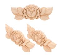 3pcs Wooden Corner Applique Rose Flower Wood Decor | Handcarved Wood, Intricate Details, Easy Installation, Khaki Finish, for Trim, Wall Decoration and Furniture