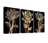 3Pcs Wooden Framed Canvas Wall Art Abstract Brown Flowers Canvas Prints Minimalism Black Gold Floral Painting Pictures for Living Room Bedroom Kitchen Hallway Stairs Wall Decor 120x60cm(16"x24"x3pcs)