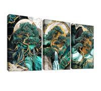 3Pcs Wooden Framed Canvas Wall Art Green Marble Mountain and Tree Painting Canvas Prints Pine Tree Falls And Full Moon Pictures for Living Room Bedroom Hallway Home Wall Decor 90x40cm(12"x16"x3pcs)