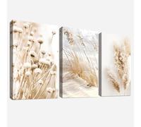 3Pcs Wooden Framed Canvas Wall Art Set Beige Dandelion Pampas Grass Reeds Painting Canvas Prints Coastal Beach Seascape Pictures for Living Room Bedroom Kitchen Hallway Stairs Wall Decor 40x60cm x3pcs
