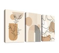 3Pcs Wooden Framed Canvas Wall Art Set Boho Minimalist khaki Beige Painting on Canvas Prints Poster Abstract Geometric Line Leaf Sun Pictures for Living Room Bedroom Hallway Wall Decor 40x60 cm x3pcs