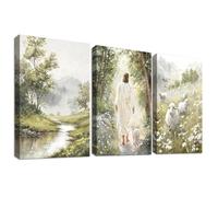 3Pcs Wooden Framed Canvas Wall Art Set Jesus Lamb Christian Painting on Canvas Prints Easter He is Risen Grassland Poster God Religious Bible Pictures for Living Room Church Wall Decor 50x70 cm x3pcs