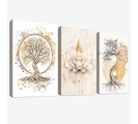 3Pcs Wooden Framed Canvas Wall Art Tree Of Life Yin Yang Painting Zen Buddhism Beige Lotus Flower Canvas Prints Pictures for Living Room Bedroom Hallway Home Wall Decor 150x70cm(20"x28"x3pcs)