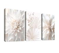 3Pcs Wooden Framed Canvas Wall Art White Lotus Peony Palm Leaves Canvas Prints Boho Minimalist Flower Pictures for Living Room Bedroom Kitchen Hallway Stairs Wall Decor 150x70cm(20"x28"x3pcs)