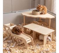 3Pcs Wooden Hamster Platform, Tool-Free Assembly Wooden Hideout, Climbing Tunnel & Activity Platform, Hamster Cage Enrichment Accessories for Gerbils Mice Degus Guinea Pig Other Small Pets