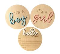 3PCS Wooden Newborn Announcement Sign, 5.9in Round Gender Reveal Plaque Its a Boy Its a Girl Hello World Welcome Sign Nursery Decor Birth Baby Name Plaques Photo Props New Parents Gift Keepsake