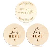 3Pcs Wooden Newborn Announcement Sign Gender Reveal Wooden Signs She's Here,He's Here & Hello World Baby Announcement, Nursery Decor Birth Baby Name Plaques Photo Props New Parents Gift Keepsake