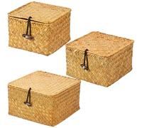 3pcs Woven Storage Basket with Lid, Wicker Storage Baskets with Lid, Seagrass Storage Basket Bins, Rectangular Handwoven Multifunctional Storage Box for Shelves, Toys, Cosmetics, Bathroom,Toilet Paper