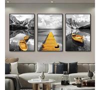 3pcs Yellow Boat On The Lake Landscape Canvas Prints Gold Wooden Bridge Mountain Abstract Wall Art Paintings For Home Decor 60x80cmx3 No Frame