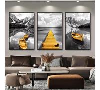 3pcs Yellow Boat On The Lake Landscape Canvas Prints Gold Wooden Bridge Mountain Abstract Wall Art Paintings for Home Decor 60x80cmx3 No frame