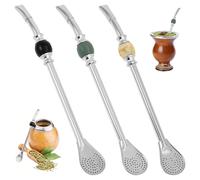 3Pcs Yerba Mate Gourd with Filtered Detachable Spoon Head, 21.9 cm Bead Embellished Design, Curved Tip, 2 in 1 Metal Straws Drinking, Stainless Steel Straws for Smoothies Milkshakes Coffee