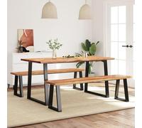3Piece Solid Acacia Wood Dining Set with Live Edge Table & Bench Durable Steel Frame Rustic Style for Kitchen & Dining Room Natural Wood Finish