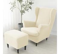 3Piece Stretch Wingback Chair Slipcover & Footrest Cover Washable Polyester NonSlip Sofa Protector with Elastic Bottom for Living Room White Wingback Chair Cover