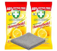 3pk Bundle Greenshield Household Surface Wipes 70 Pack (Pack of 2) + Microfibre Buffing Cleaning Cloth - Antibacterial Multi Surface Cleaning Wipes, 4 in 1 Cleaning, Streak Free Finish
