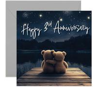 3rd Anniversary Card for Husband or Wife, Third Wedding Anniversary for Couple Gift, Celebrating Three Years Together as Married Couple, Cute Teddy Bears in Love, Premium Envelope