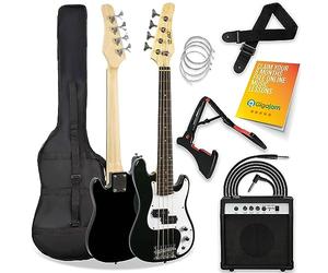 3rd Avenue 3/4 Size Mini Electric Bass Guitar Pack with 15W Amp, Black | Short scale 3/4 size bass, 15W amp with headphone socket for silent practice; gig bag, cable, strap, stand & strings included